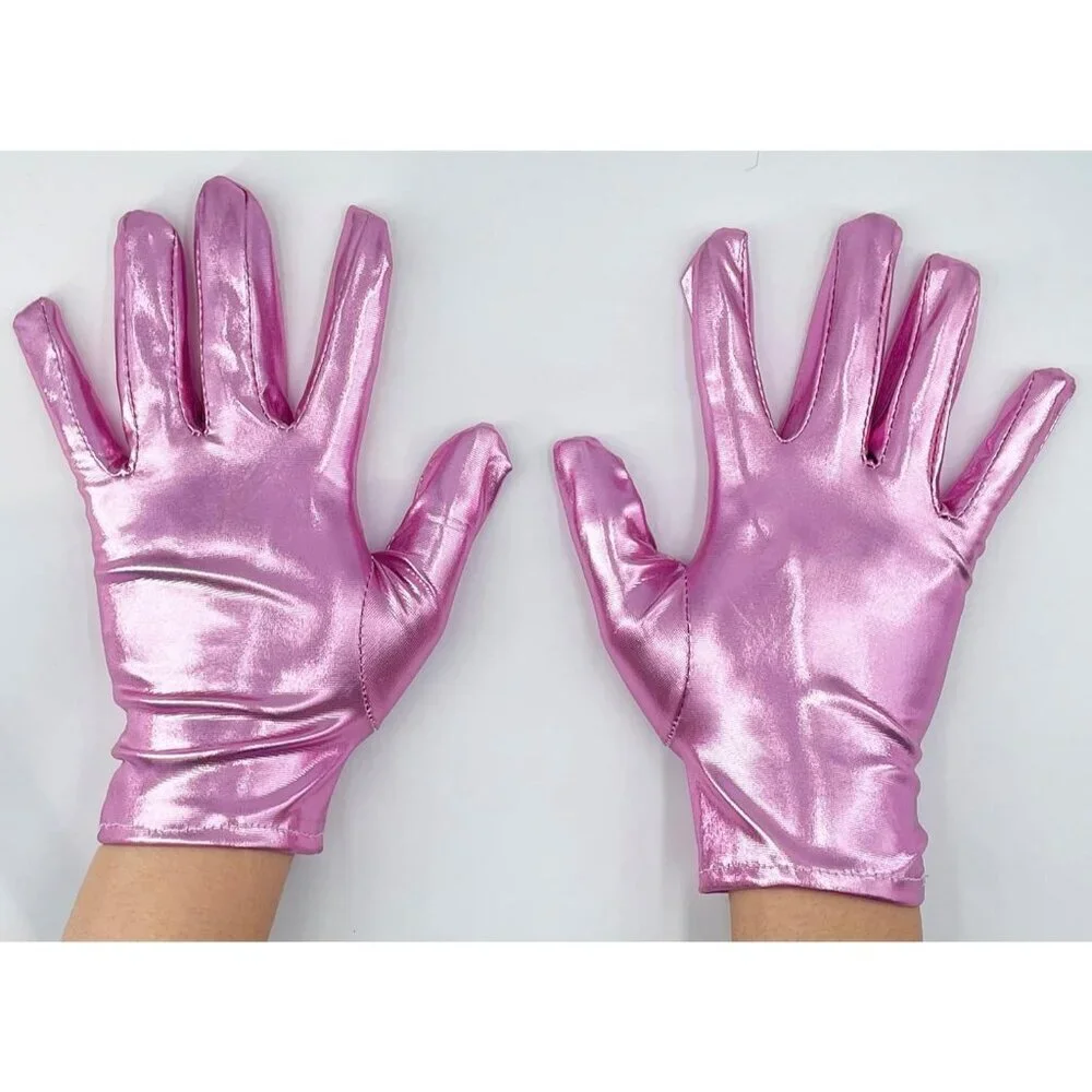 Women's Pink Shiny Metallic Wrist Gloves Cosplay Halloween Costume Accessories